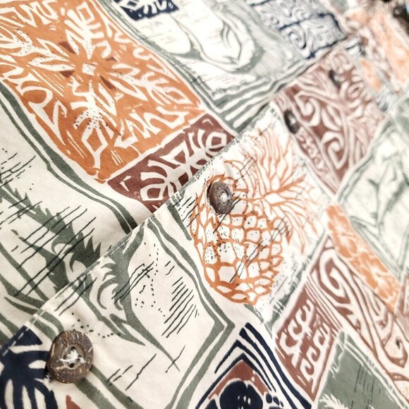 AFTCO Bluewater Hawaiian Shirt Polynesian Fishing Palm Trees Made USA Men Large - Picture 5 of 12